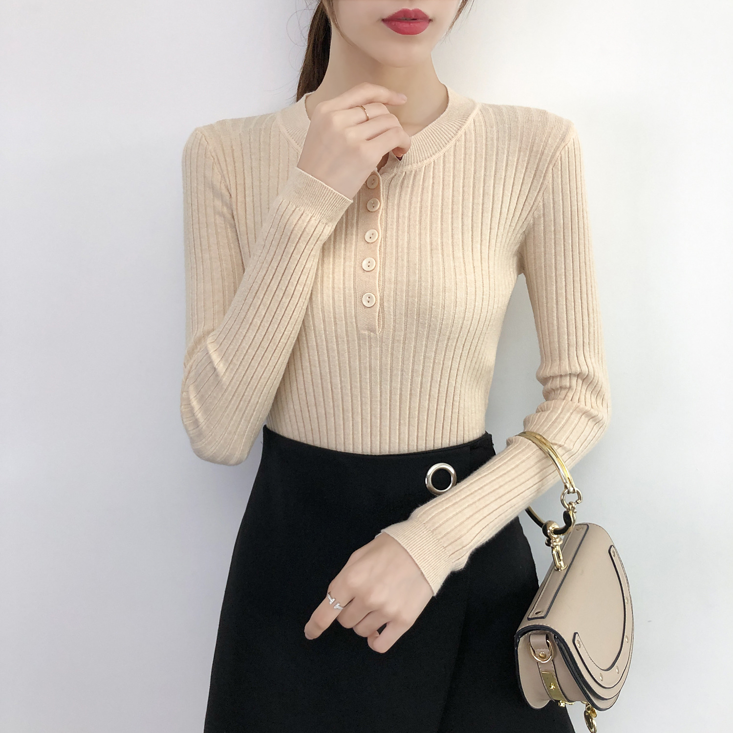 Picture of Real shot autumn and winter New Low round neck leaky collarbone knitted bottoming shirt slim short thin sweater button top
