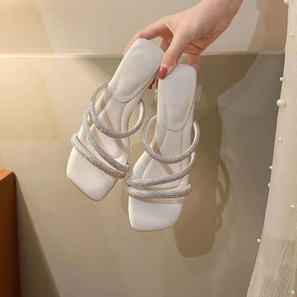 2024 Summer New Rhinestone Open Toe Thick High Heels Open Toe Sandals for Women Simple Square Toe Slide Outer Wear Slippers