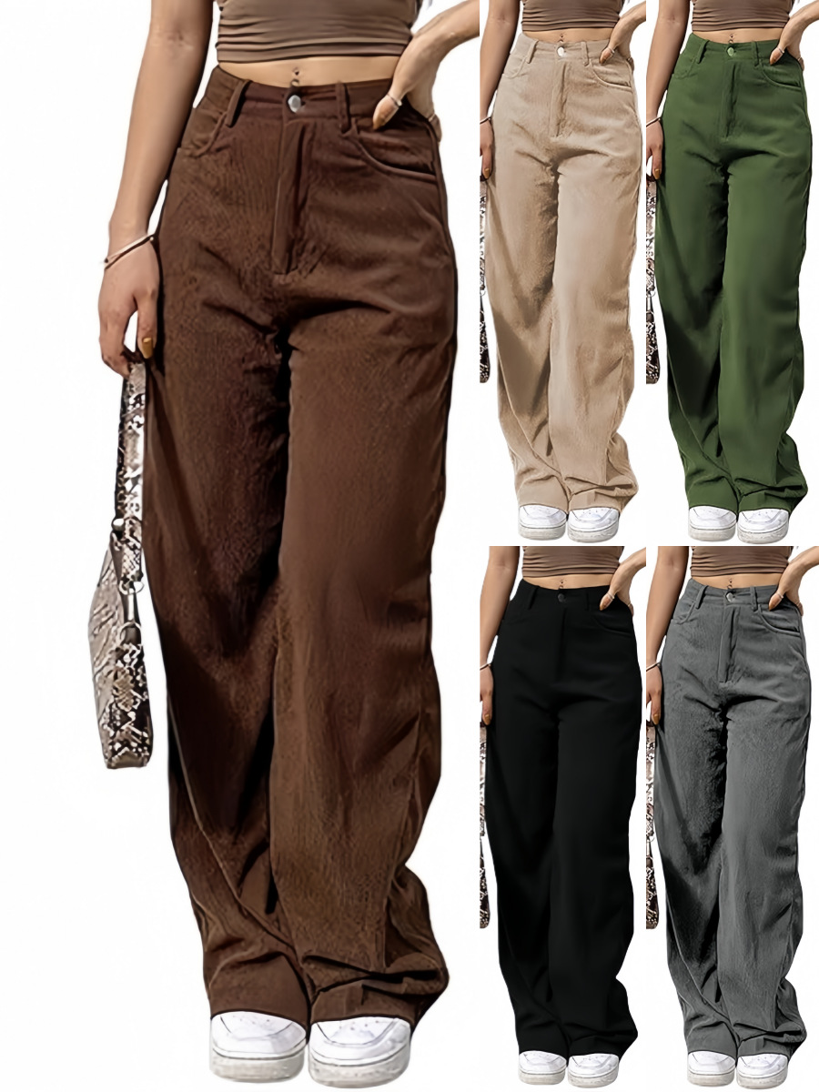 Cross-border European and American Amazon New Women's Spring and Autumn Vintage Corduroy High Elastic Waist Casual Wide Leg Pocket Trousers