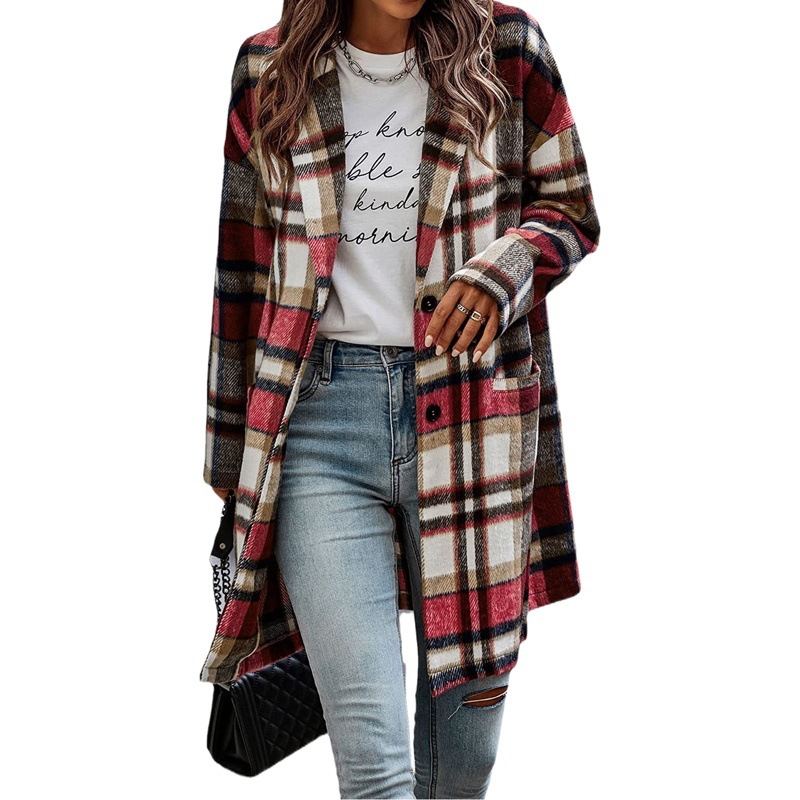 Cross-Border Export Amazon 2022 Autumn and Winter New Women's Lapel Flap Pocket Pants Plaid Woolen Jacket Factory Ready Stock