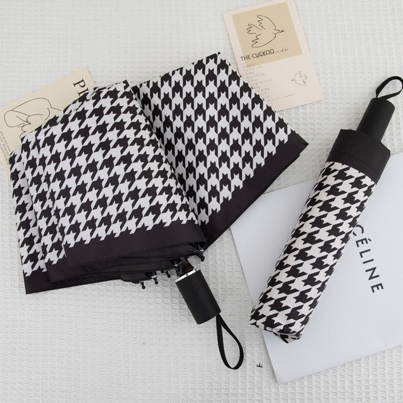 Picture of Wholesale Fully Automatic 70% off Sunny Umbrella Houndstooth Plaid Foldableing Umbrella Vinyl Anti-Uv Sun Protection Sunshade Umbrella