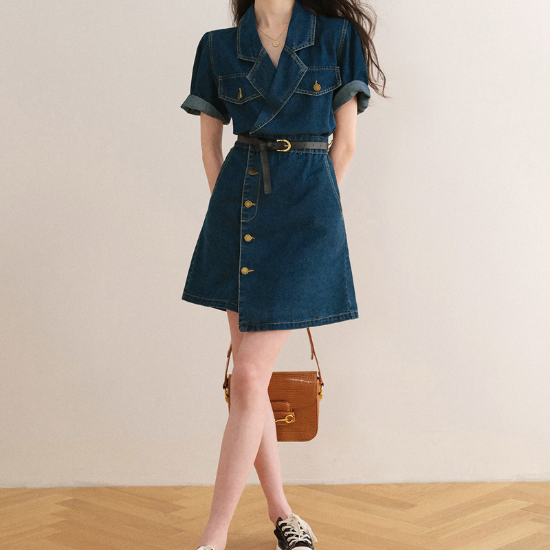Jin Qian Retro Hong Kong Style Denim Dress 2023 Design Sense Tight Waist Slimming Commuter Short-sleeved Trendy Skirt for Small People