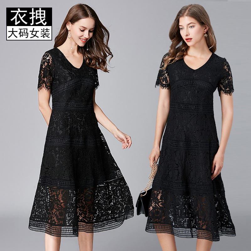 Brand lace dress women's summer new V-neck sexy big hem stitching A- shaped long skirt 200kg
