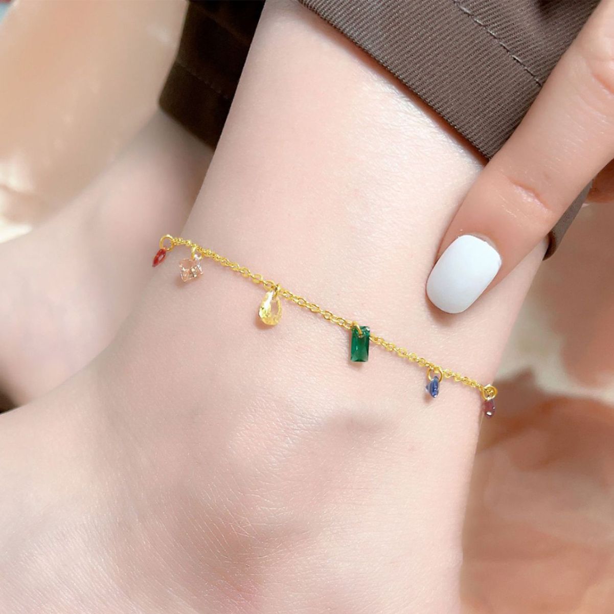 Colorful Zircon Smart All-match Fashion Titanium Steel Anklet Girl's High-end Light Luxury Rainbow Foot Chain No Falling Anklet