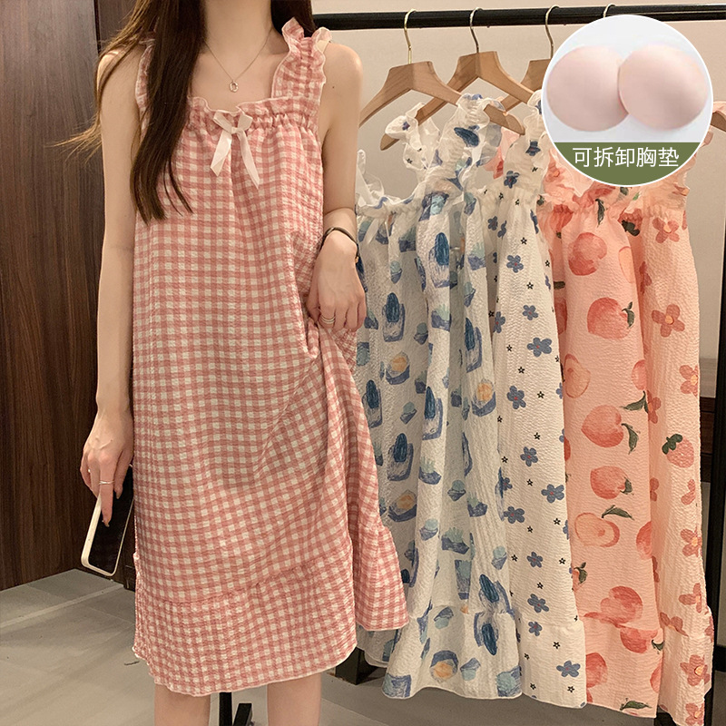 Summer nightdress with chest pad removable cute sweet sling pajamas bubble cotton girl dress homewear