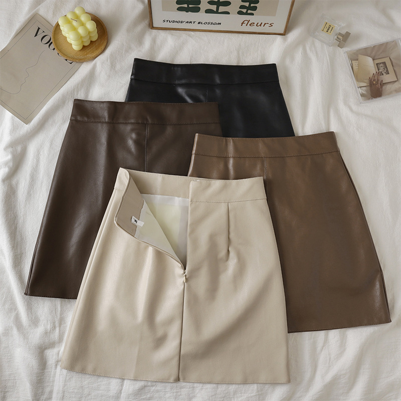 PU Leather Skirt A- Line Skirt Women's Autumn and Winter New Black Hip-Covering Short Skirt Small High Waist Slimming Hip-Covering Skirt