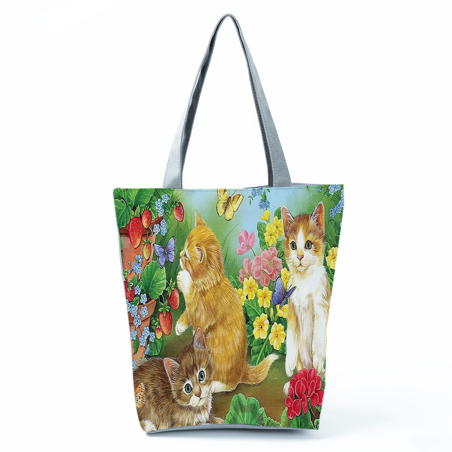 Picture of New cute flower cat printed shoulder bag portable travel storage bag large capacity outdoor tote bag