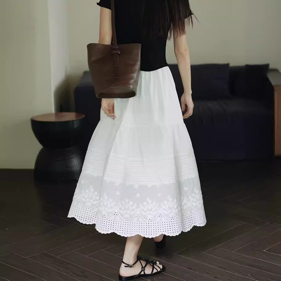 French Retro High Waist Dipped Skirt Women's Summer Small Mid-length Slimming Lace Embroidered A- line Umbrella Skirt