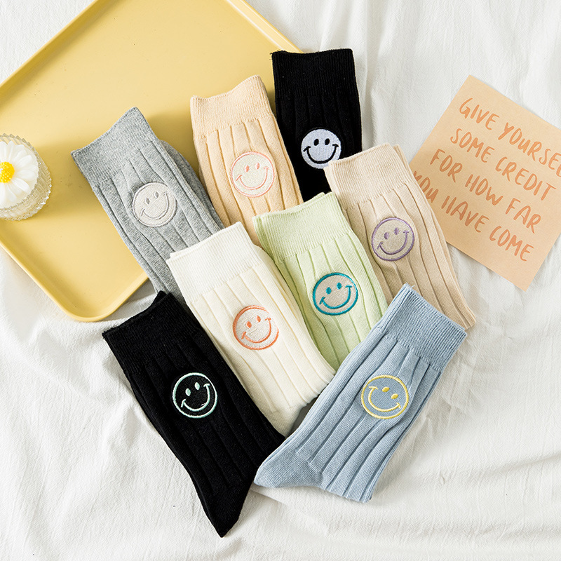 Autumn and Winter new double needle wide stripe Japanese cute embroidered smiley face mid-calf length socks female college women's socks Cotton Yoga stockings