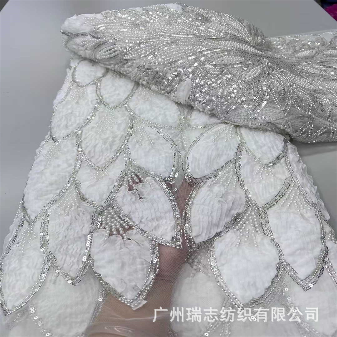 White Stereo Plate Flower Embroidery French Wedding Dress Bead Tube Sequin Mesh Embroider Women's Cheongsam Lace Embroidered Cloth