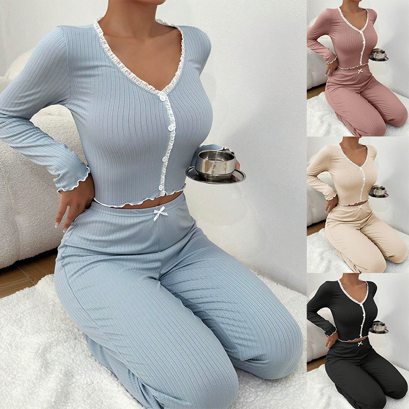 Pajamas New European and American Home Wear Long-Sleeved Pants Slim Sexy Lace Suit Pajamas Can Be Worn Outside