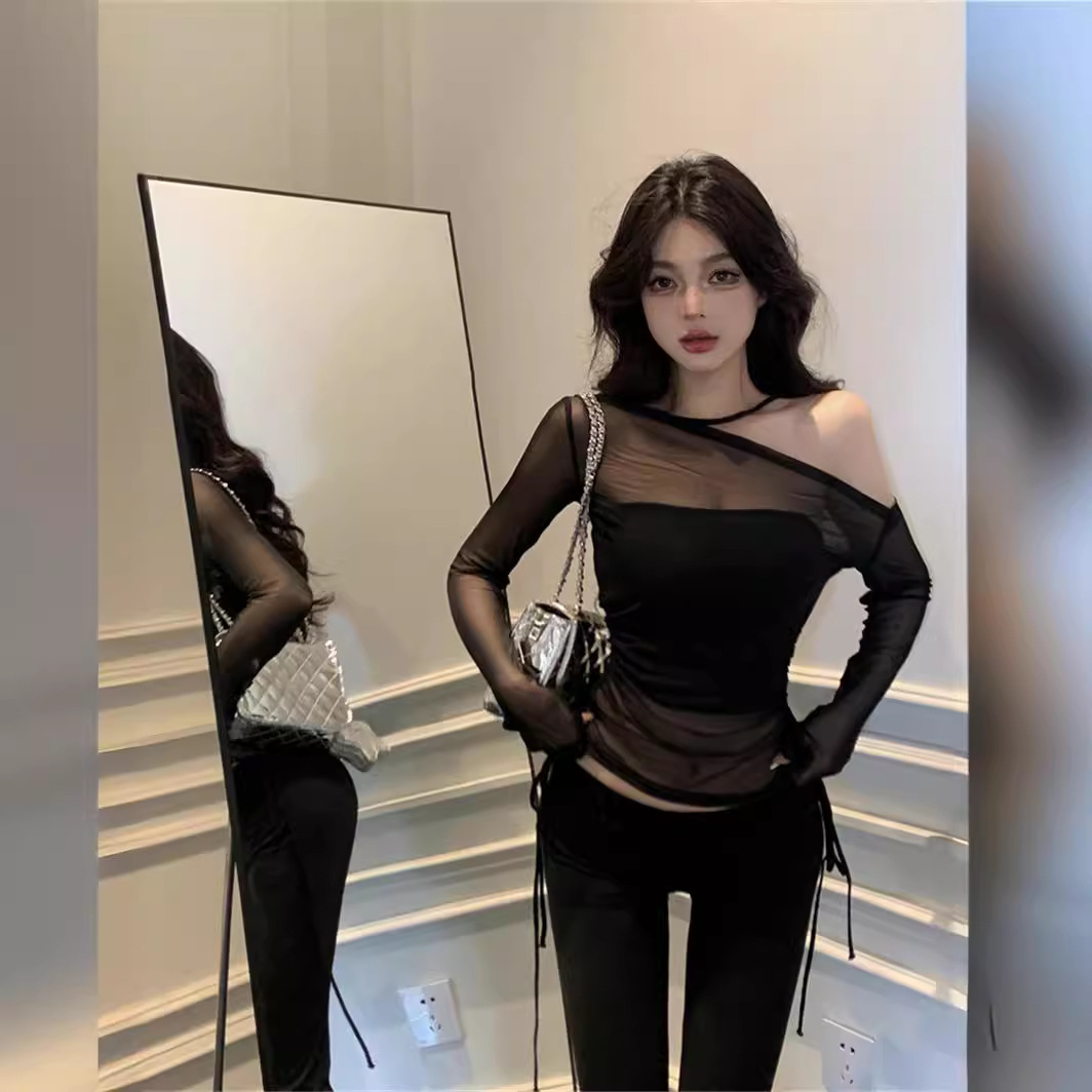 Mesh Vest Two-piece French Style Sexy Spice Girl Style Shoulder-exposed Long-sleeved See-through Blouse Summer Women's Tube Top