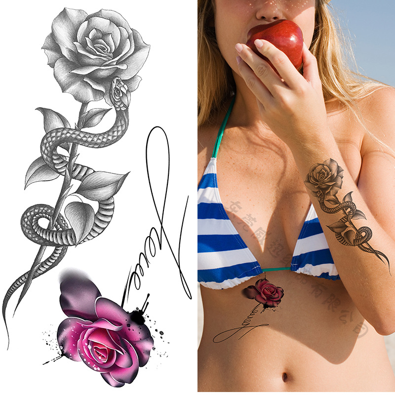 Picture of Cross-Border Supply of Sketch Flower Tattoo Stickers, Sketch Tattoo Stickers, Rose Flower Black and White Flower Tattoo