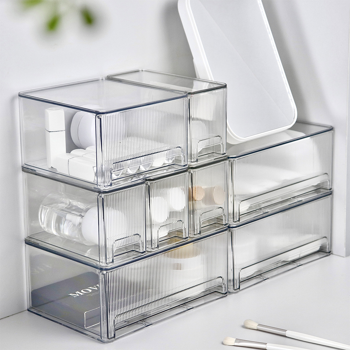 Desktop Cosmetic Storage Box Advanced Sense Dust-proof Light Luxury Stacked Mirror Cabinet Under Desk Drawer Tidy Box Home Good
