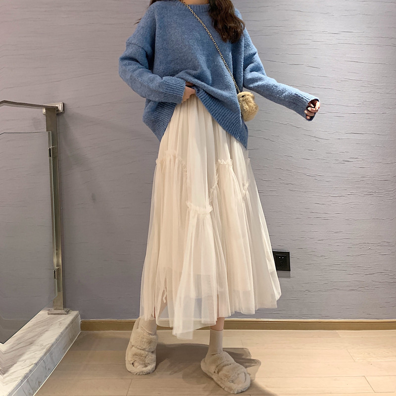 Spring New High-waisted Asymmetrical Mesh Skirt Summer Women's Hip-covering Mid-length Large Hem Pleated Skirt A-line Skirt