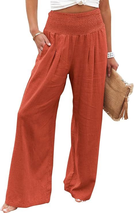Picture of 2025 Amazon Women's Linen Pants High Waist Trousers Wide Leg Flowing Pants Beach Vacation Wear Casual Wear