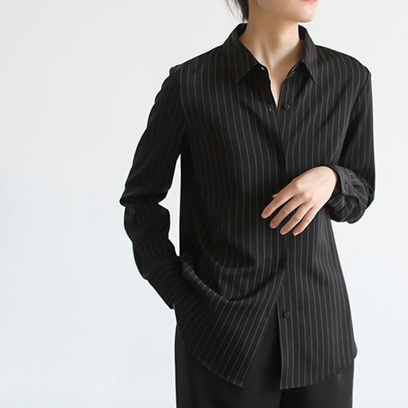 Picture of Chic black shirt women's new early autumn top design sense niche drape French vertical striped shirt Women's