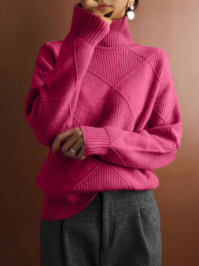 in stock new European and American pullover loose temperament commuter sweater solid color high collar diamond fashion sweater women