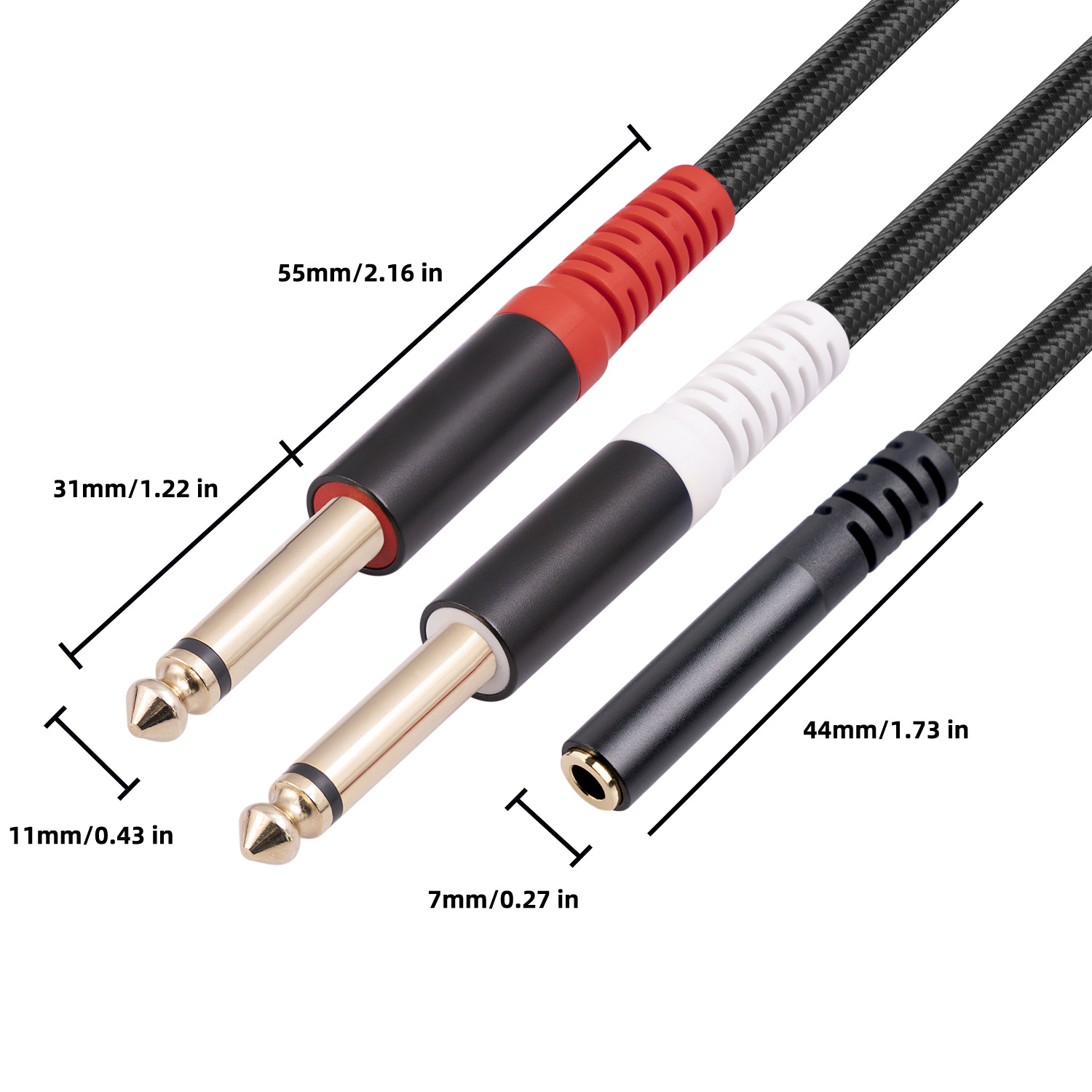 Picture of Shielded wire aluminum alloy shell stereo 3.5mm female to dual 6.35 TS 1/4 mono audio cable 0.3 m