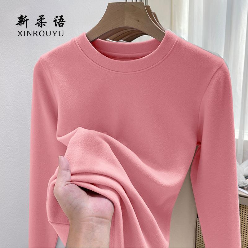 Autumn New Women's Fleece Thread Warm Long-sleeved T-shirt Korean Style Slim-fit Slimming Base Shirt All-match Top Trendy