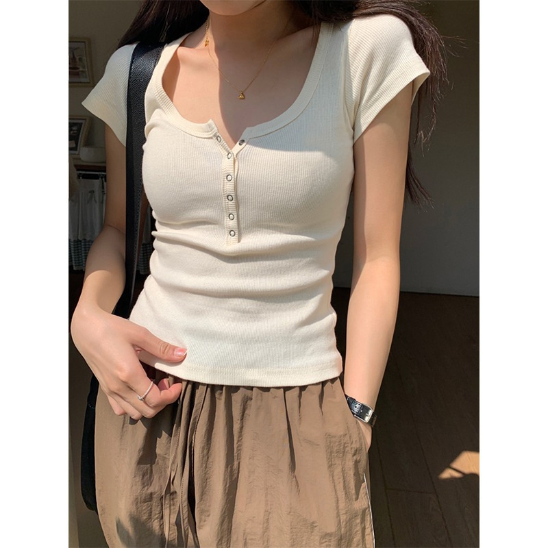Summer New 2024 Short Slim-fit Thread Shoulder U-collar Short-sleeved T-shirt Women's Small Base All-match Top