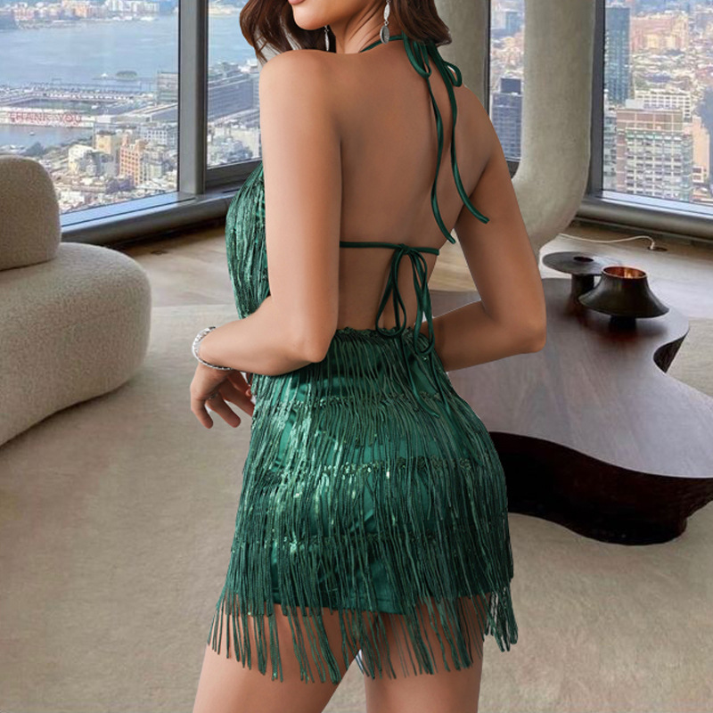 Picture of Cross-Border Hot-Selling New Sexy Nightclub Style Suspender Culottes European and American Fashion Hottie Backless Sequined Tassel Jumpsuit