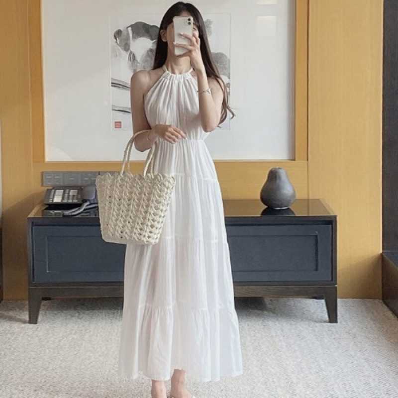 French Style Elegant Neck and Shoulder Design Tight Waist Slim Long Holiday Style Fairy dress