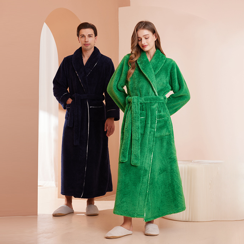 Long thickened cotton fleece couple nightgown women's winter flannel bathrobe men's plus size plus size lambswool home wear
