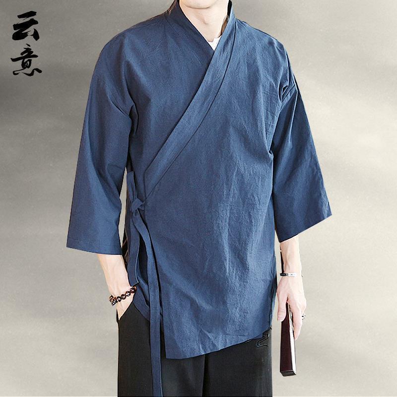 Picture of Seven-point Sleeve Hanfu Men's Summer Chinese-style Slant-breasted Top Zen-style Jumpsuit Ancient Style Tea Clothes Cotton-linen Robe Coat