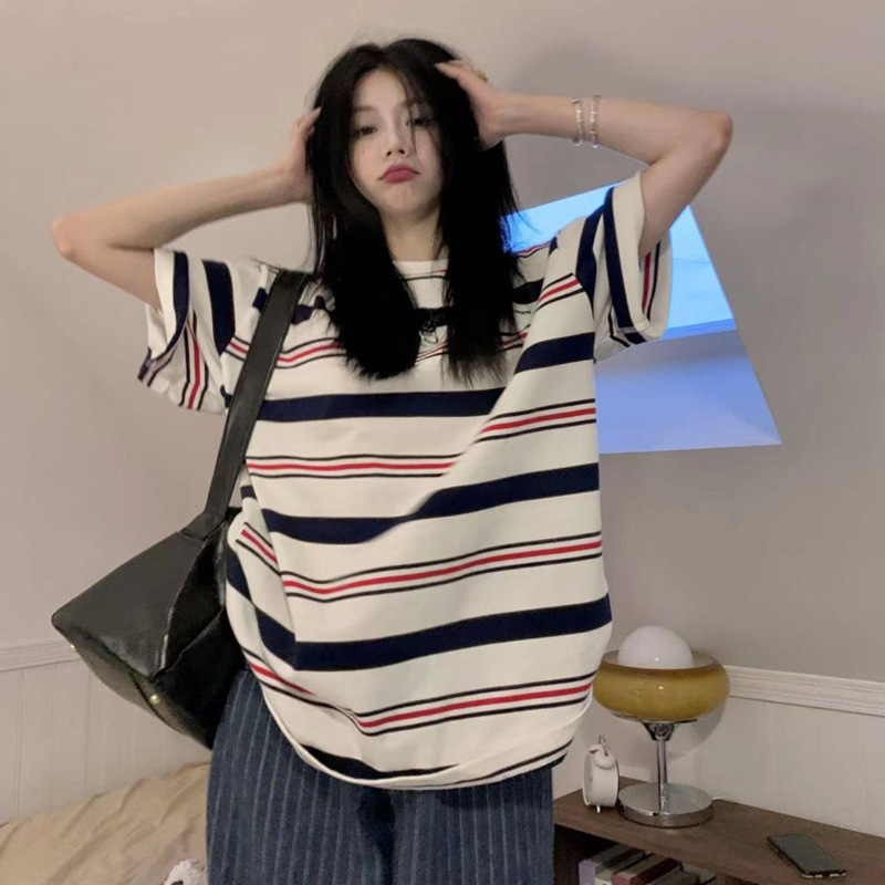 In-Stock Striped Short-Sleeve Women's 2025 Thin Niche Design Loose Slimming Trendy American Retro T-Shirt Top
