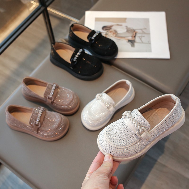 Girls' 2025 Spring Princess Children's Middle and Big Children's Leather Shoes Casual Sequins Fashion All-match Shoes Western-style Peas Shoes