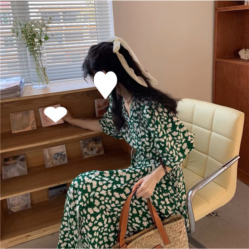 Picture of Vintage Elegant French Style Floral Long Dress plus size Chubby Girl Slimming Chic Green Puff Sleeve dress Summer