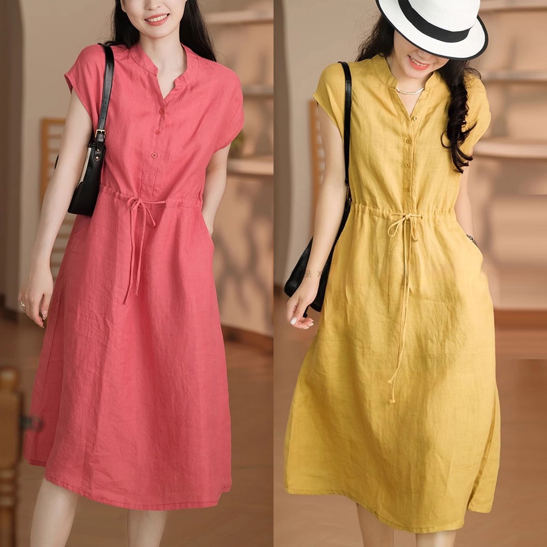 Linen Solid Color dress 2025 Summer New Fashion Collar Base Skirt Loose plus size Short Sleeve Cotton Linen Skirt