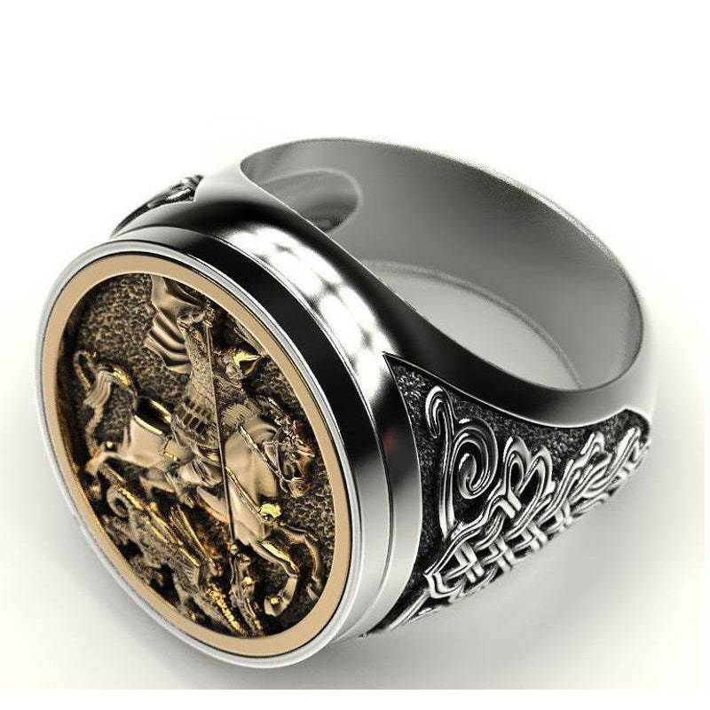 Picture of Huajie Unique Sovereign Men's Ring Saint George Portrait Plated 925 Two-Tone Roman Soldier Dragon Ring