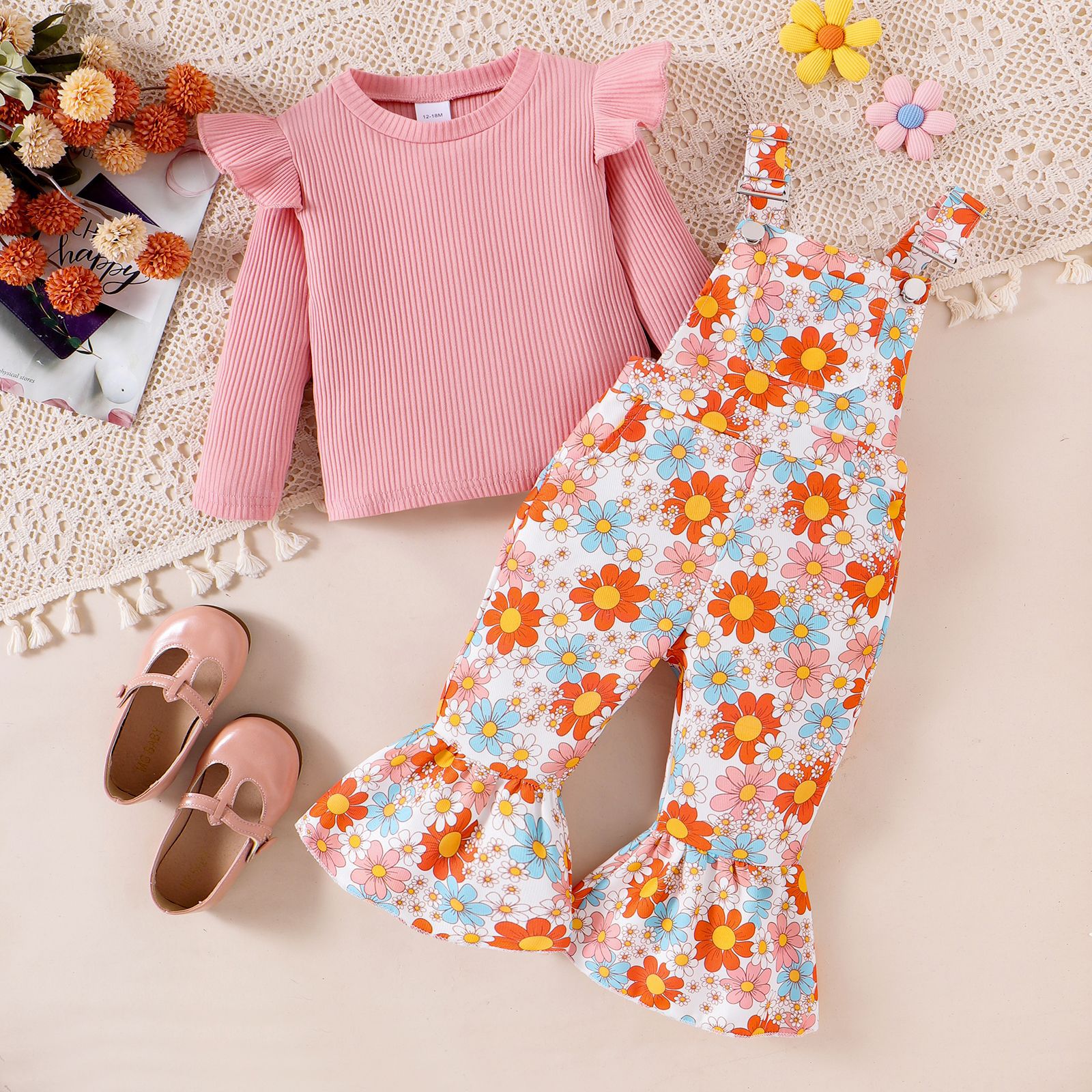 European and American foreign trade Amazon autumn new girls suit solid color pullover printed suspenders flared pants