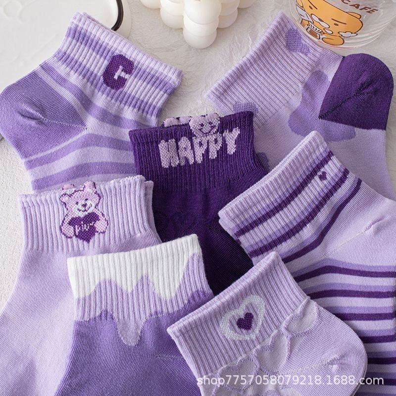 Purple Socks Women's Spring and Summer Shallow Mouth Ins Trendy Cute Three-dimensional Bear Japanese Style Thin All-match Breathable Socks Short Socks