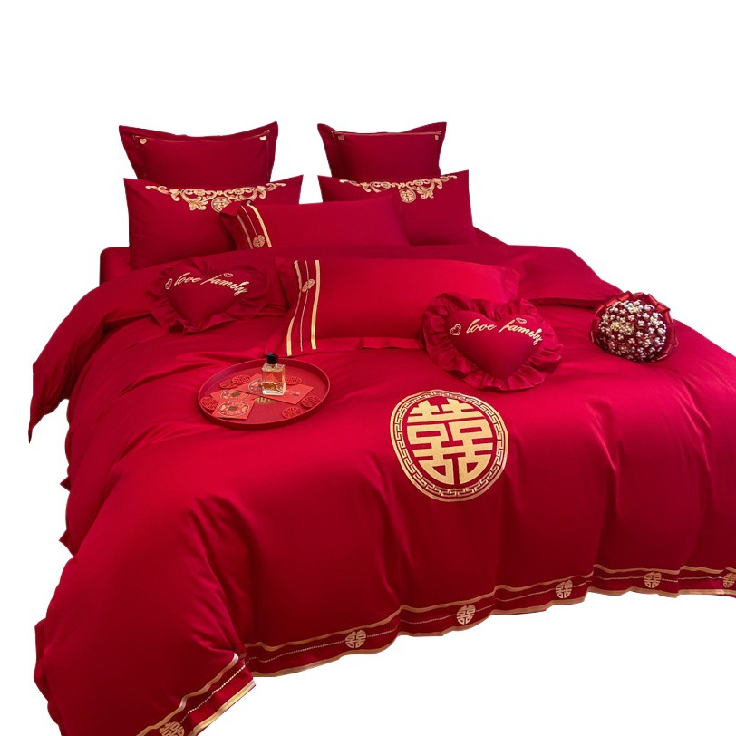 Cotton Wedding Bedding Four-piece Wedding Cotton 100 Bed Sheet Quilt Cover Big Red Festive Accompanying Quilt