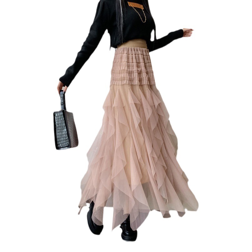 Foreign trade cross-border mesh skirt women's 2023 autumn and winter new cake skirt irregular high waist fluffy gauze skirt long skirt