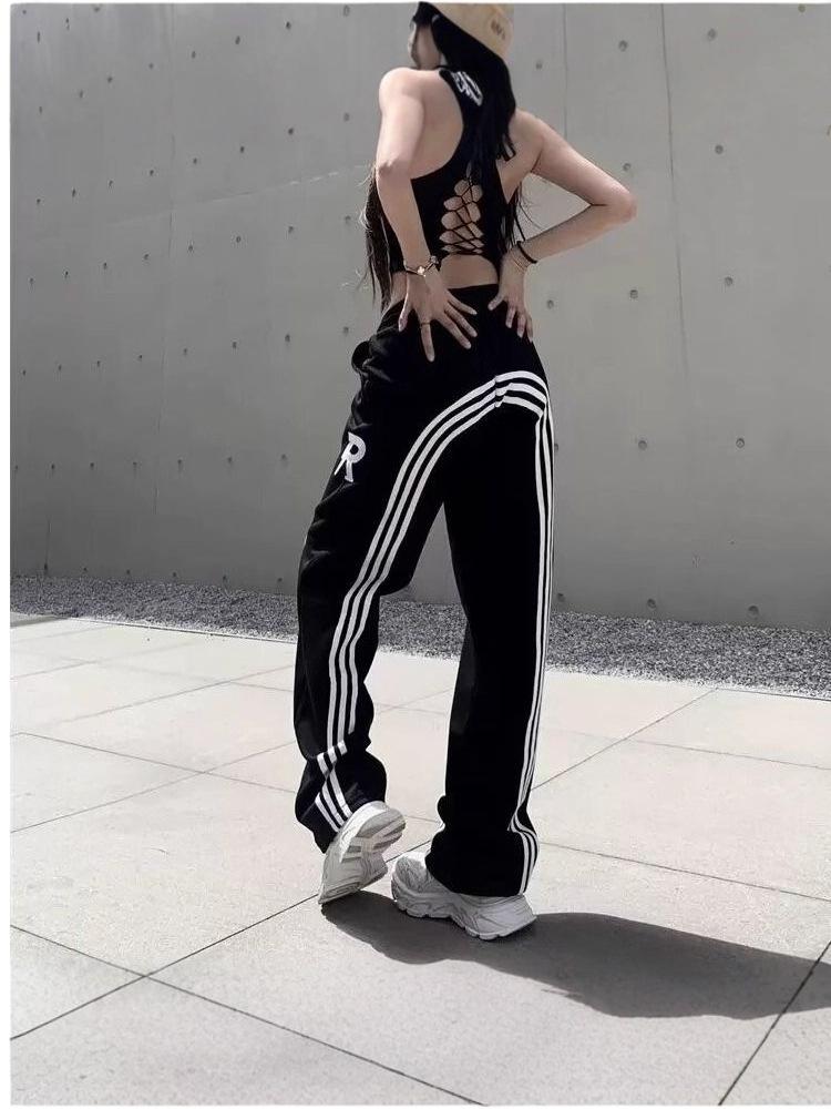 American vintage sweatpants women's autumn three-bar straight wide-leg pants loose slacks black high street pants trendy
