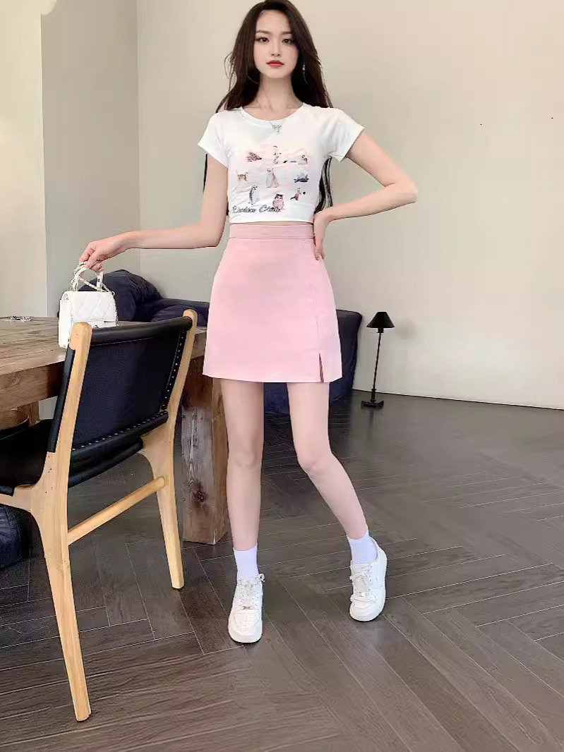 2024 Summer New Korean Style High Waist Split Hip Skirt Women's Hip Covering Slimming Small A- Shaped Skirt