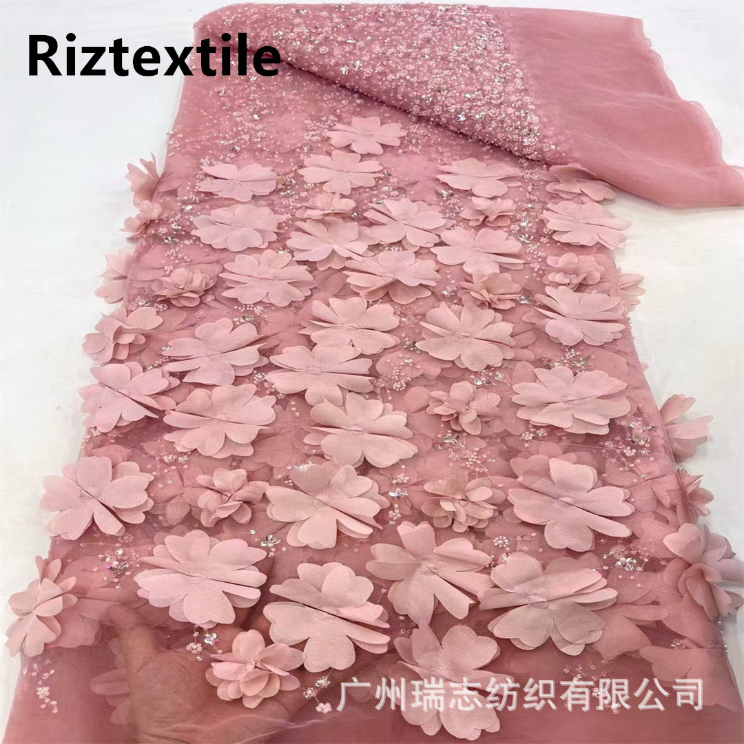 Chiffon Stereo Flower Water Chip Bead Tube Embroidered Cloth Fresh Style Wedding Dress Performance Clothing Fabric Lace