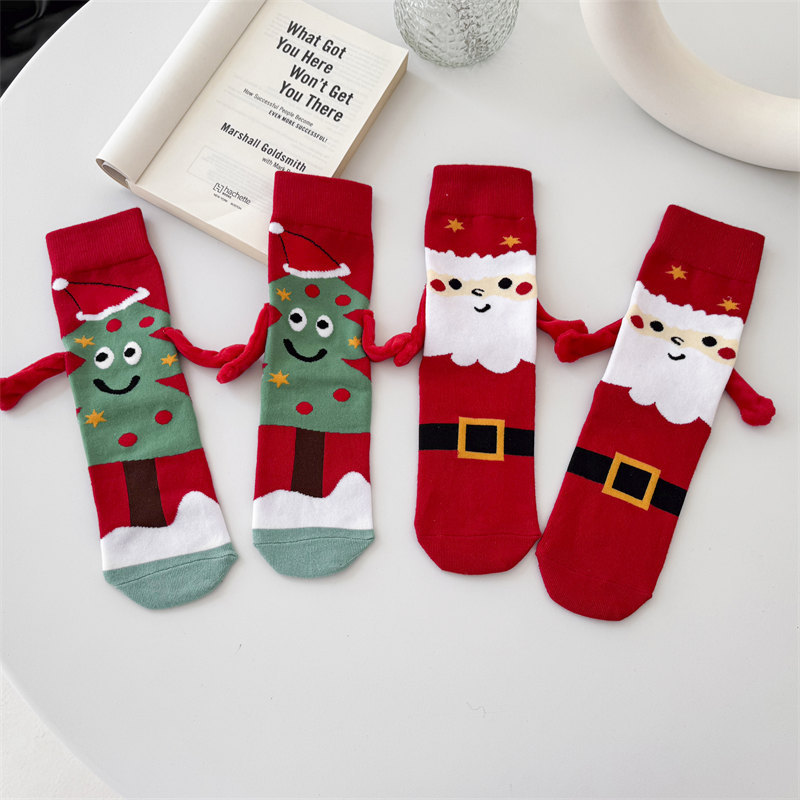 Cross-border hot Christmas hand socks women's cute couple hand socks autumn and winter cotton socks magnetic all-match mid-calf socks