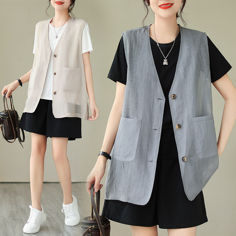 Loose Casual Imitation Cotton and Linen Sleeveless Vest Summer Thin Mid-Length Single-Breasted Age-Reducing Top A4606