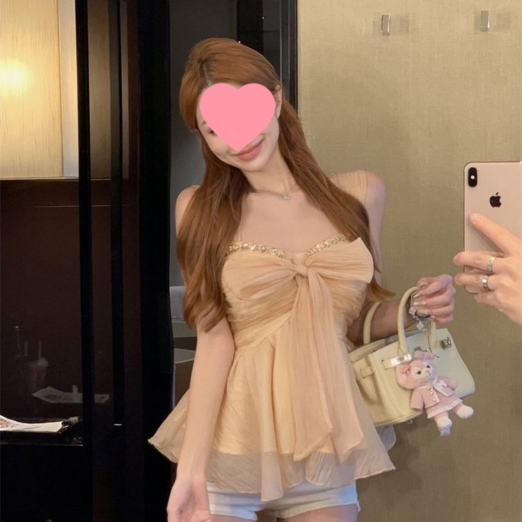 Rhinestone Camisole Women's Summer French Niche Bow Waist Chic Top Outer Wear