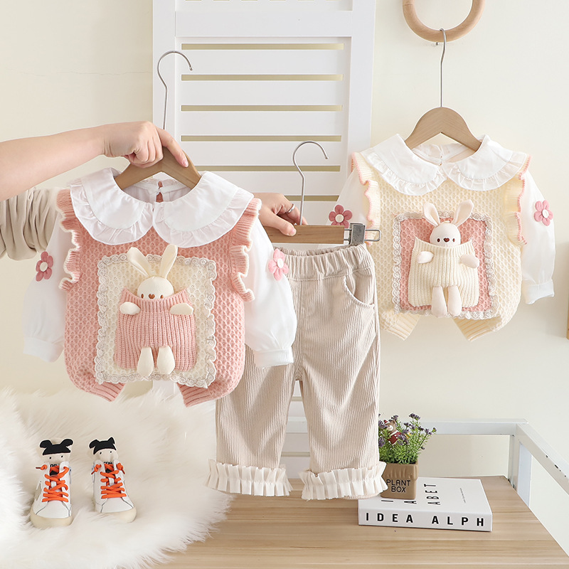 Girls suit 2025 Spring New Girls Cartoon Sweet Cute Knitted Vest Doll Collar Shirt Three-piece Set