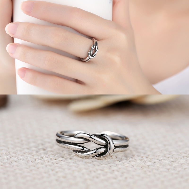 Japanese and Korean Style S925 Silver Ring Women's Retro Line Knot Simple Open Ring Cold Style Hip-Hop Distinctive Finger Ring