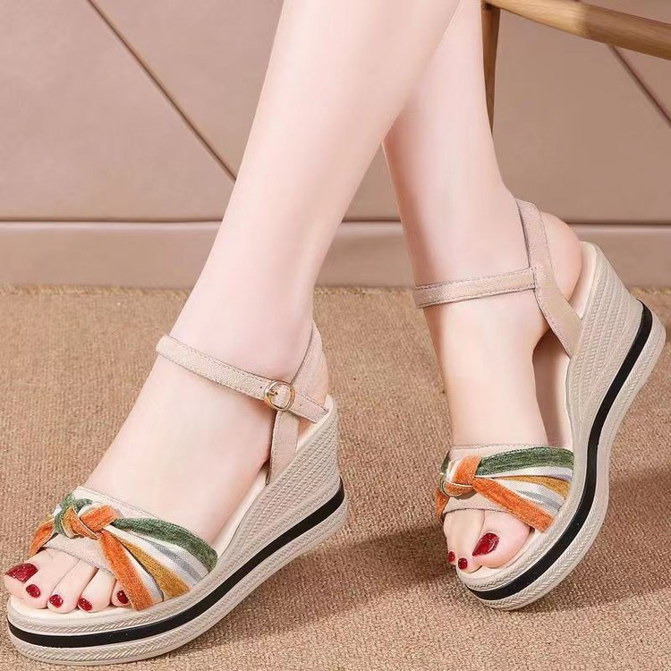 Leather Wedge Sandals Women's 2025 Summer New All-match Buckle High-heeled Thick Sole Increased Casual Outer Wear Sandals