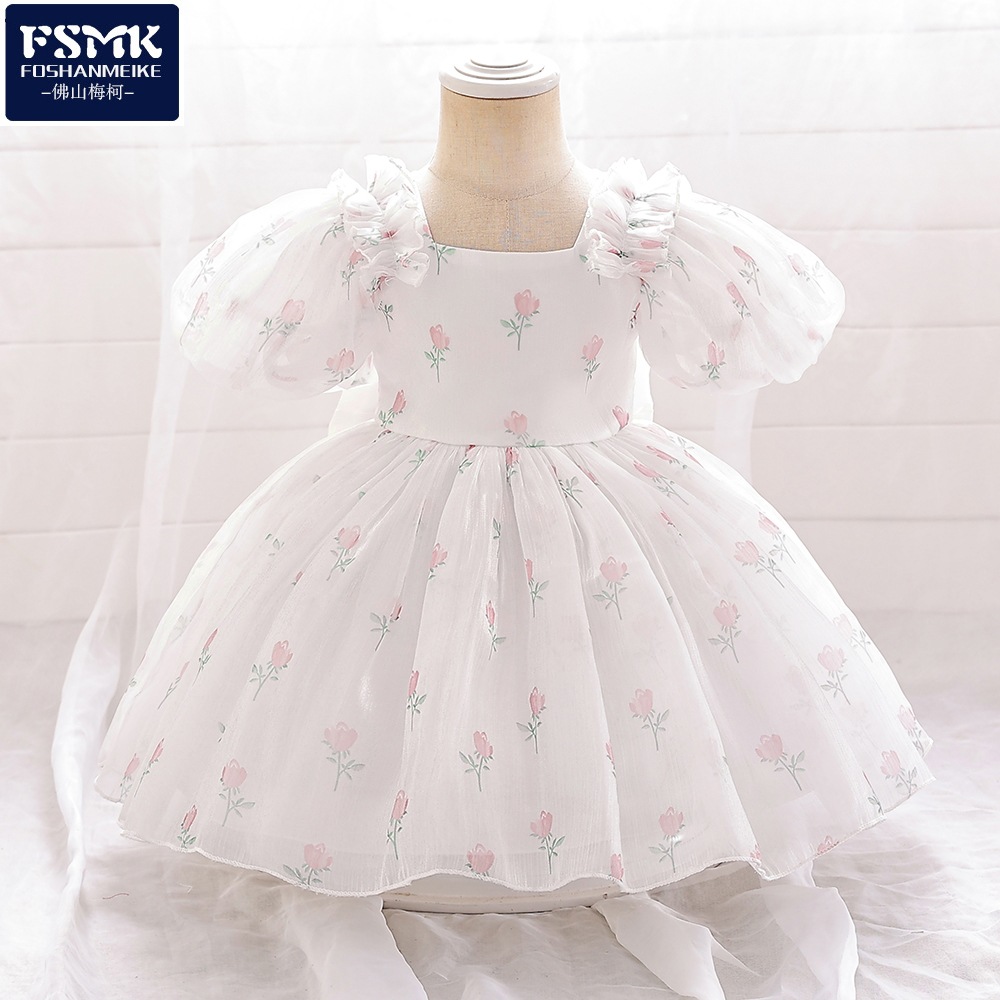 Amazon Flower Girl Wedding Dress Little Girl Princess Dress Bubble Sleeve Floral Mesh Puff Dress Baby Birthday Dress