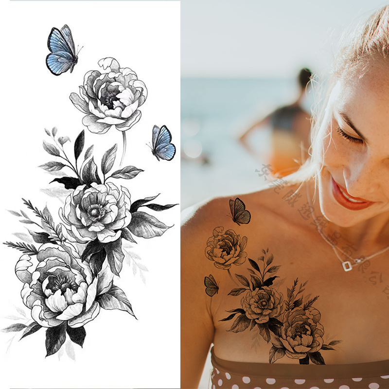Picture of Cross-Border Supply of Sketch Flower Tattoo Stickers, Sketch Tattoo Stickers, Rose Flower Black and White Flower Tattoo