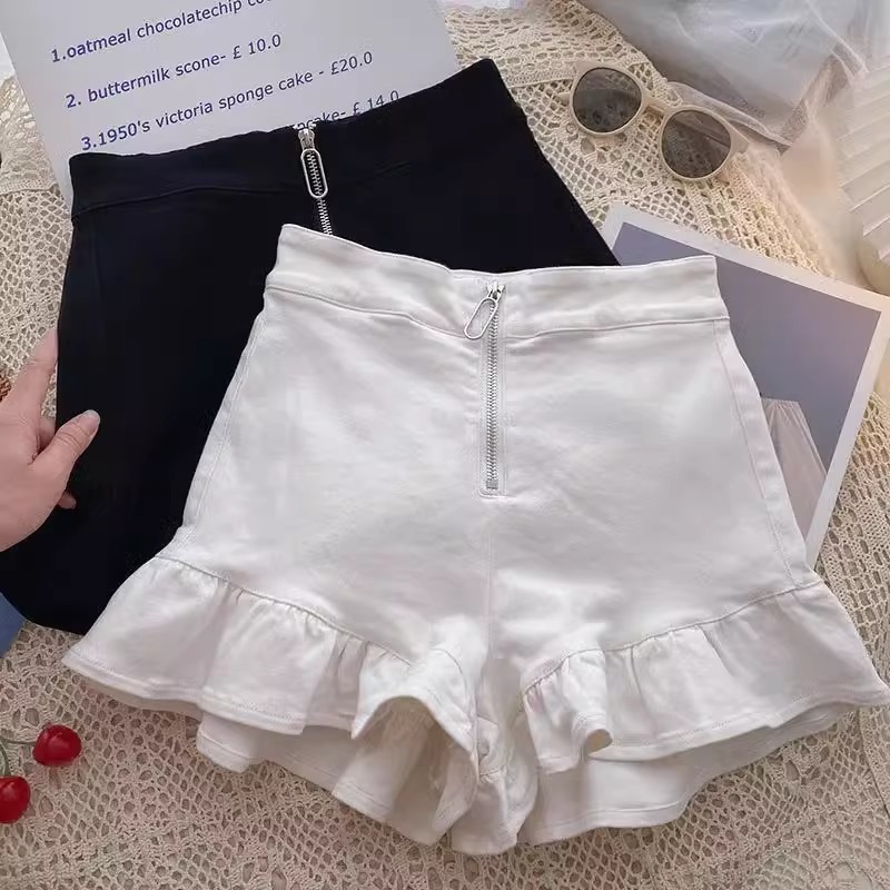 White Ruffle Wide Leg Shorts Women's 2024 Summer New Zipper Design Slimming High Waist Casual Hot Pants